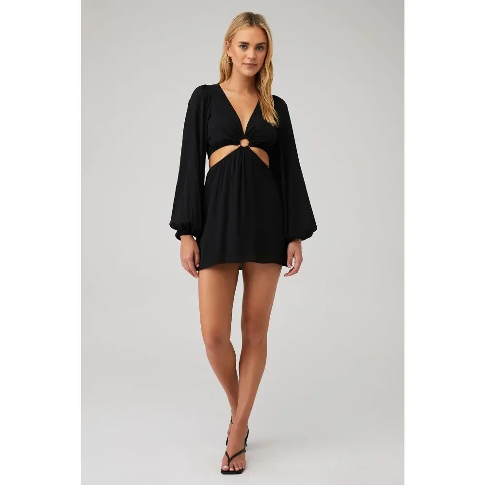 Show me Your Mumu Women's Go Out Cut Mini Dress Balloon Sleeve Black Size M NWOT